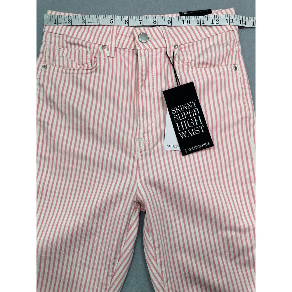 NWT Stradivarius Skinny Super High Waist Pink White Pinstripe Jeans Size 6 - Picture 8 of 13
